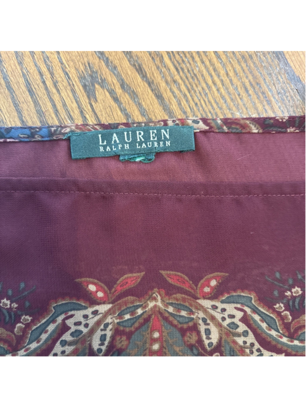 Lauren Ralph Lauren Shirt Women's M Burgundy Boat Neck Paisley Sheer Classic VTG - Picture 2 of 8